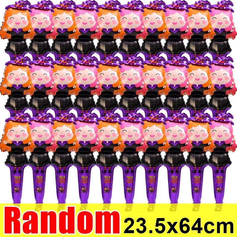 1/12pcs Halloween Balloon Stick Witch Pumpkin Cat Ghost Balloons Sticks