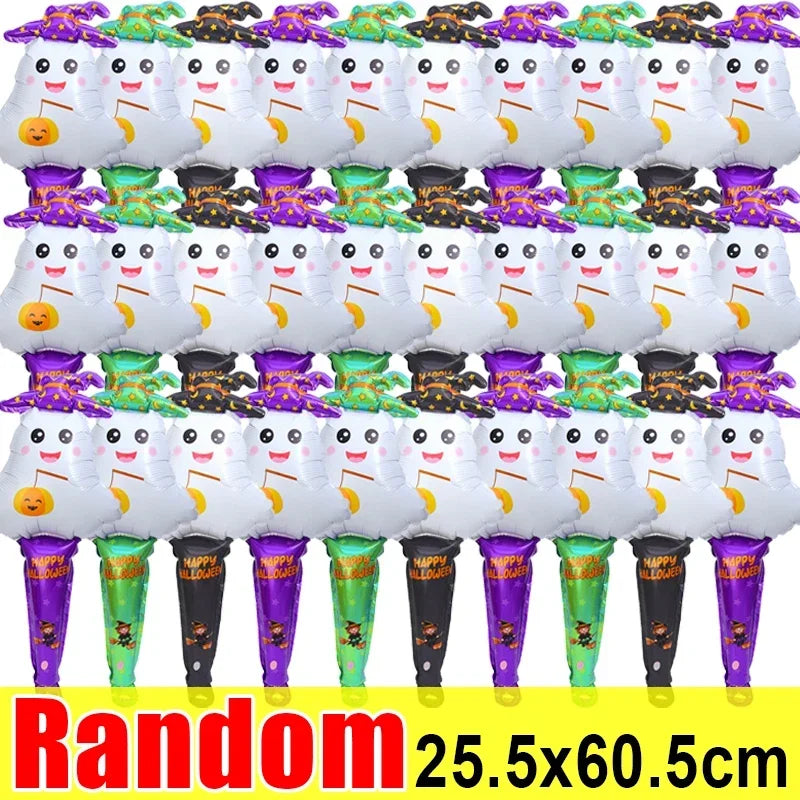 1/12pcs Halloween Balloon Stick Witch Pumpkin Cat Ghost Balloons Sticks