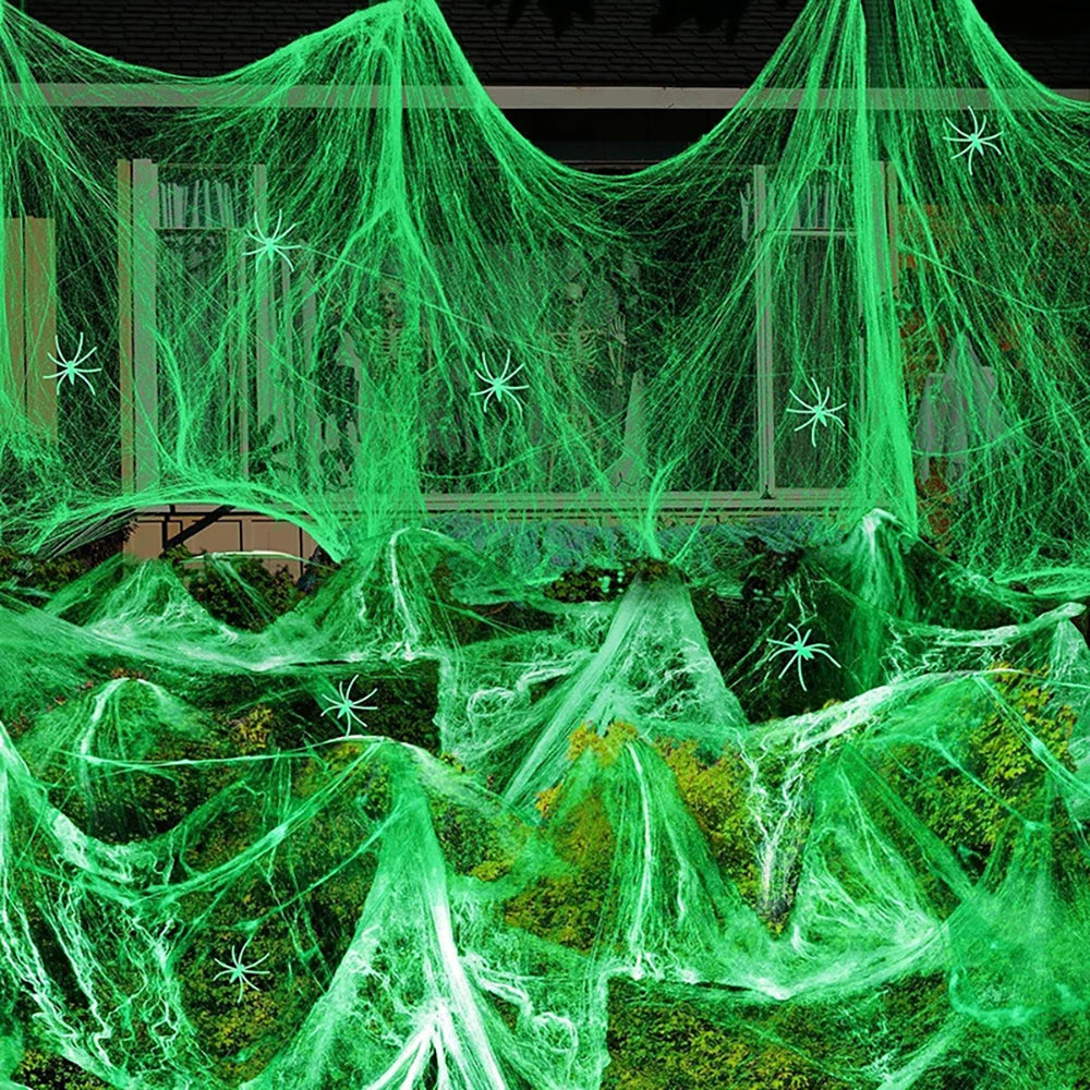 Luminous Spider Web,Stretchy Artificial Cobweb with Fake Spiders,Halloween Decorations,Outdoor Horror Haunted House Decor Props