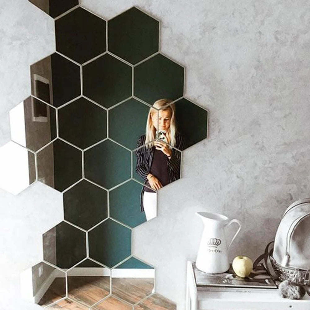 6/12pcs 3D Hexagon Mirror Wall Sticker Rose Gold DIY