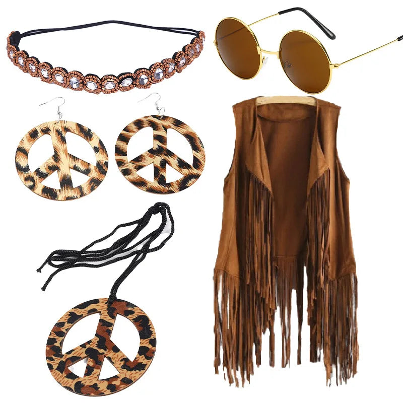 Peace Mark Necklace Costume 5 Piece Set Halloween Carnival Cosplay Party Hippie Tassels Vest 60s 70s Vintage Peace Earrings Set