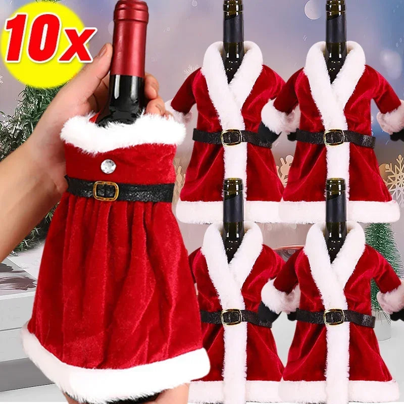 10 pcs Wine Bottle Cover Christmas Red Velvet Dress Clothes