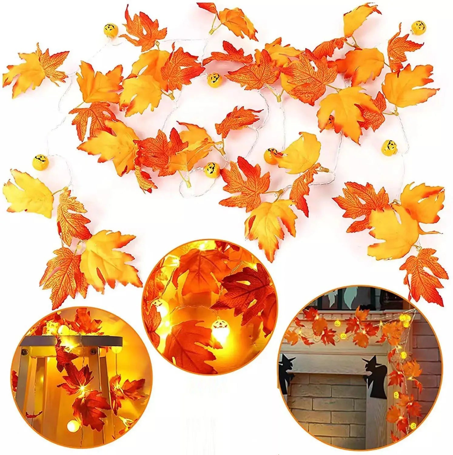 Artificial Fall Maple Leaves Pumpkin Garland Led Autumn Decorations Fairy Lights Halloween