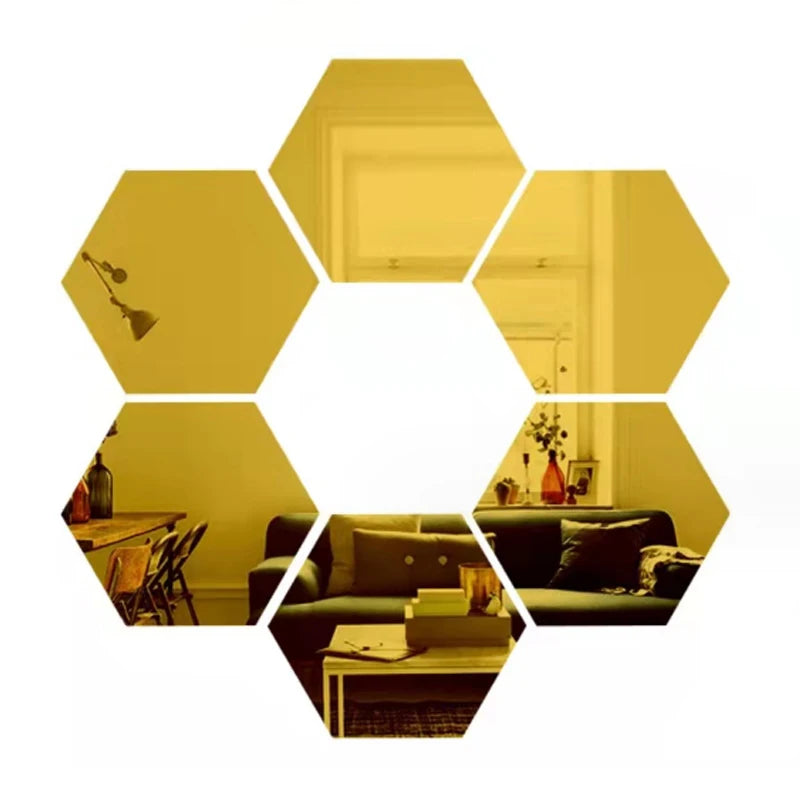 6/12pcs 3D Hexagon Mirror Wall Sticker Rose Gold DIY