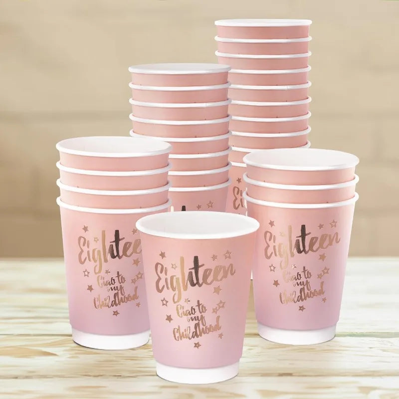 20Pcs Happy 18th Birthday Pink Rose Gold 12oz Paper Cups