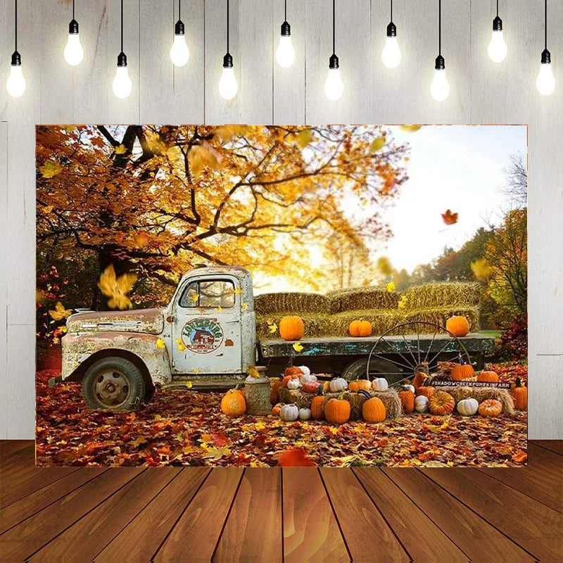 Autumn Pumpkin Truck Backdrop Harvest Hay Fall Maple Leaves Photography Background