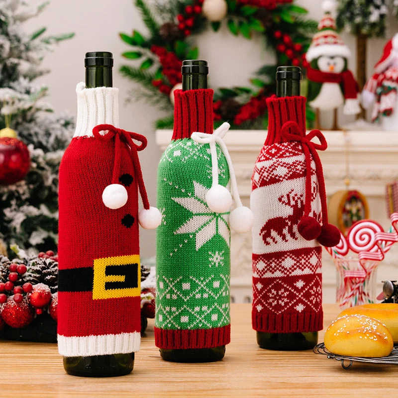 Christmas Knitted Wine Bottle Cover Pompom Bow Decor Santa Costume