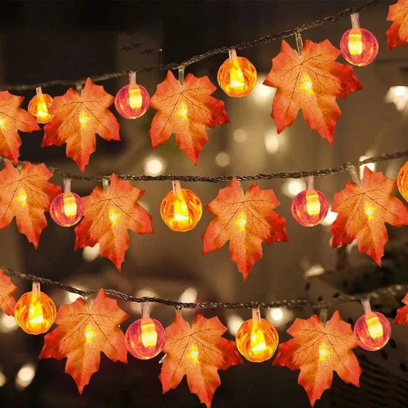 Artificial Autumn Maple Leaves Pumpkin Garland LED Fairy String Light Christmas Thanksgiving Decoration DIY Halloween Party Home