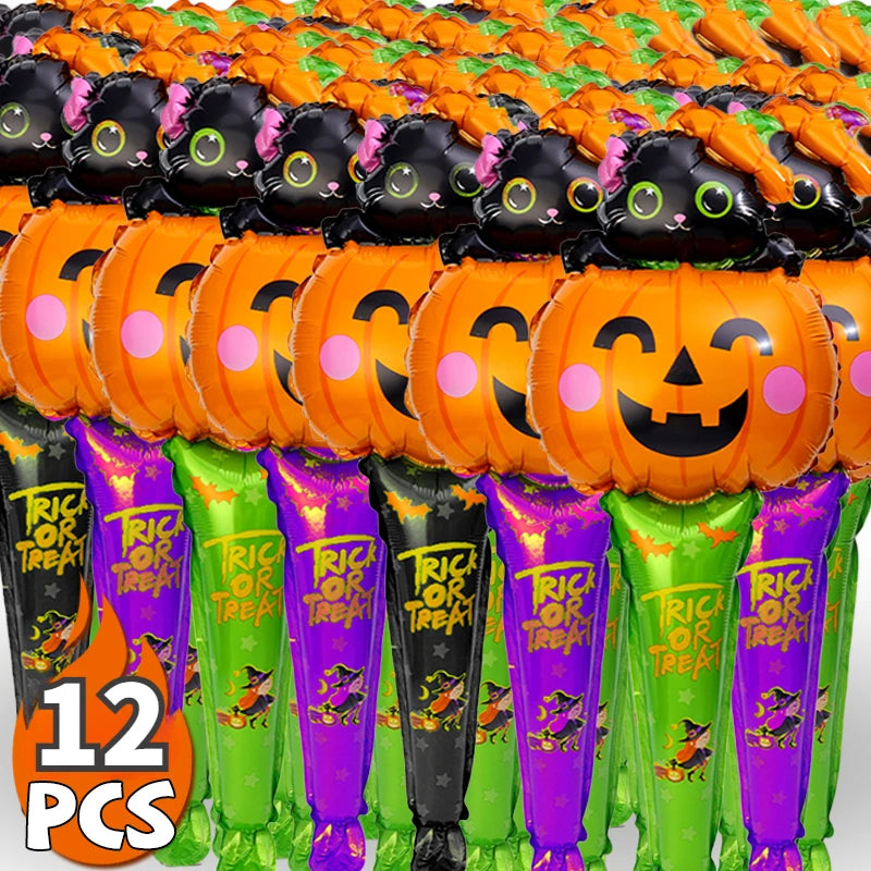 1/12pcs Halloween Balloon Stick Witch Pumpkin Cat Ghost Balloons Sticks