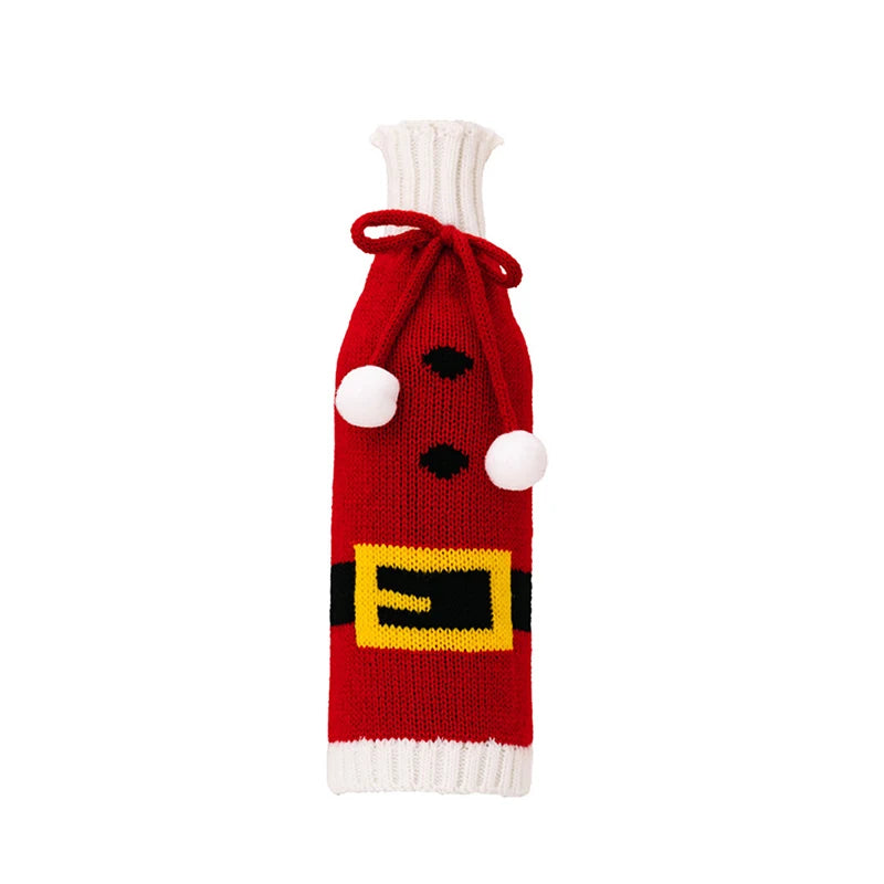 Christmas Knitted Wine Bottle Cover Pompom Bow Decor Santa Costume