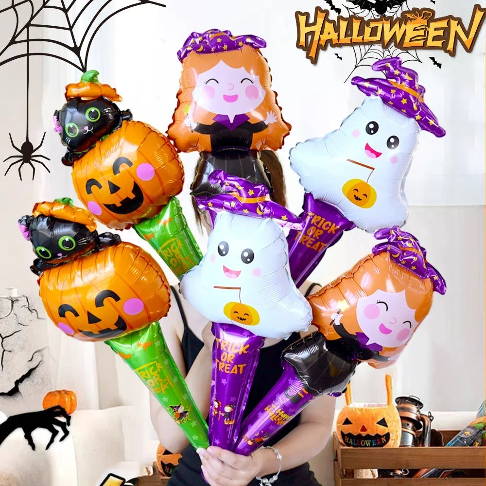 1/12pcs Halloween Balloon Stick Witch Pumpkin Cat Ghost Balloons Sticks