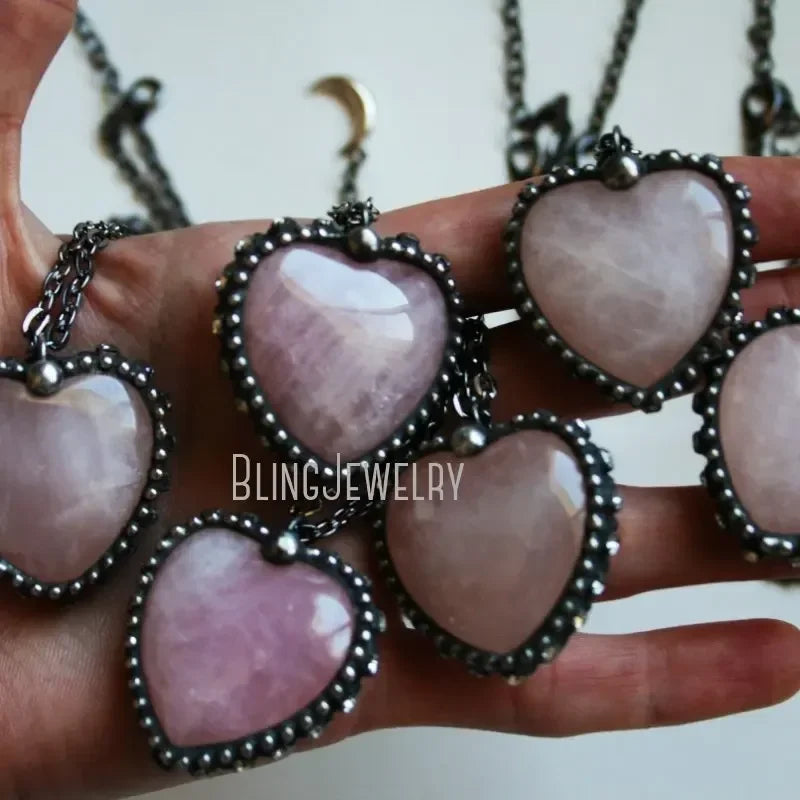 10pcs Small Rose Quartz Necklace Pink Crystal Puffed Heart Stone Women Witch Boho Goth Wicca Valentine Love Spell Jewelry Arcane