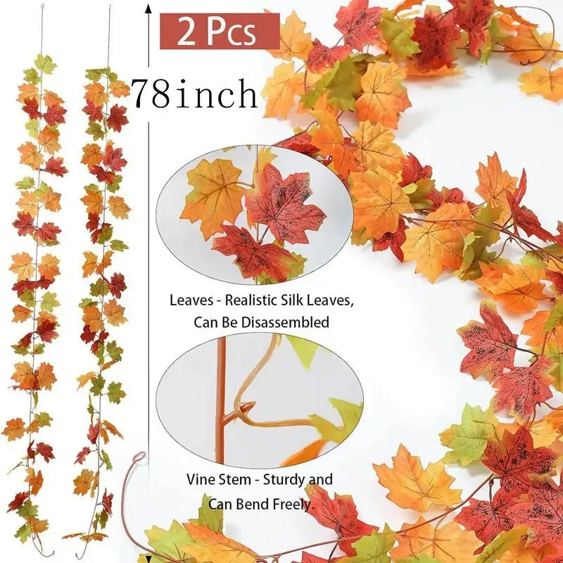 2M Artificial Fall Maple Leaf Garland Fake Plants Autumn Decor Leaves Vine