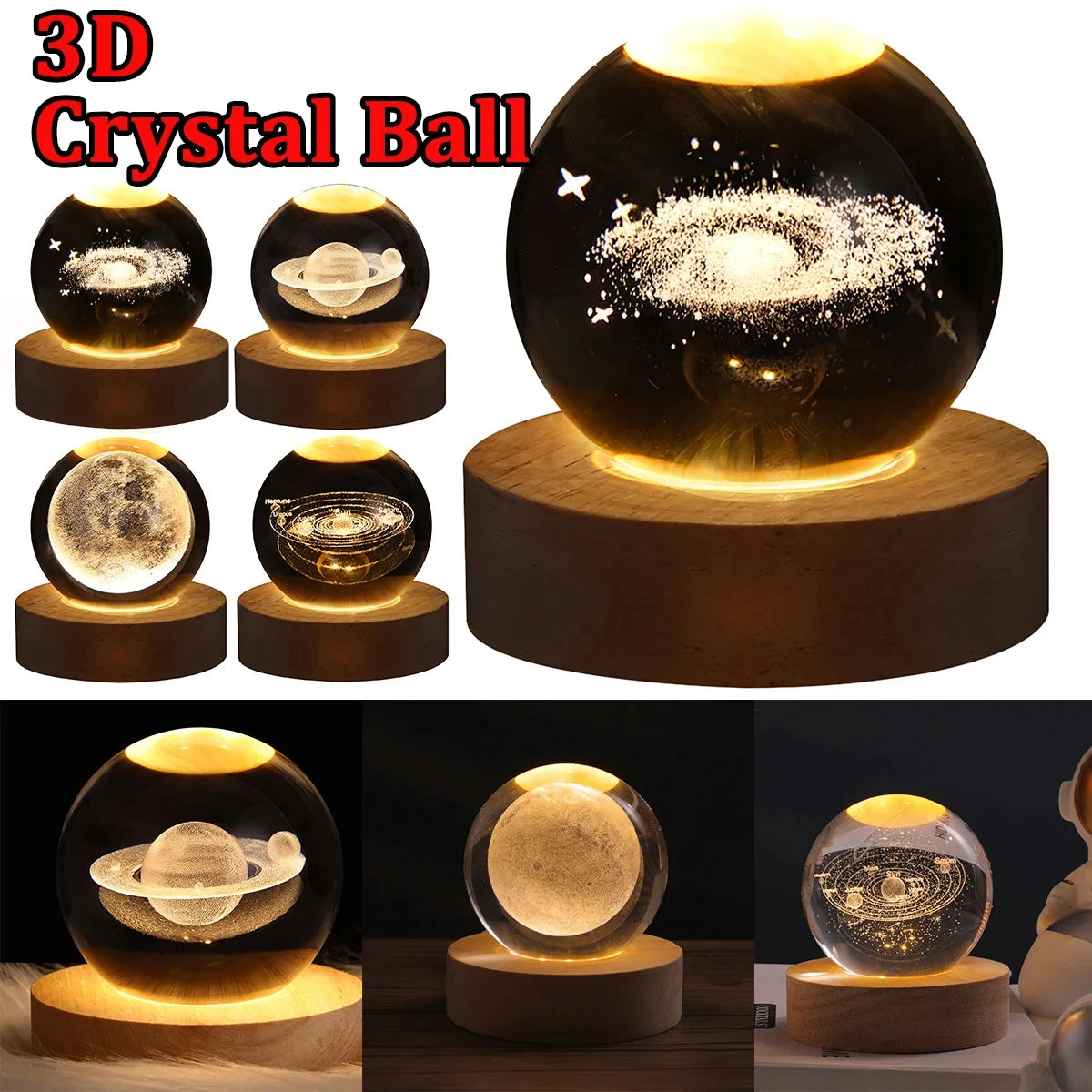 USB Night Light LED Crystal Ball Table Lamp 3D Moon Planet Galaxy Astronaut Decor