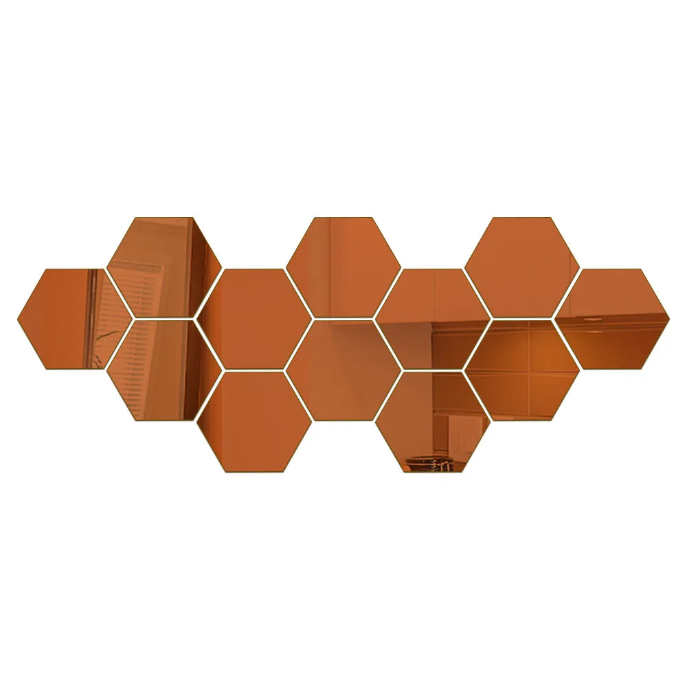 6/12pcs 3D Hexagon Mirror Wall Sticker Rose Gold DIY