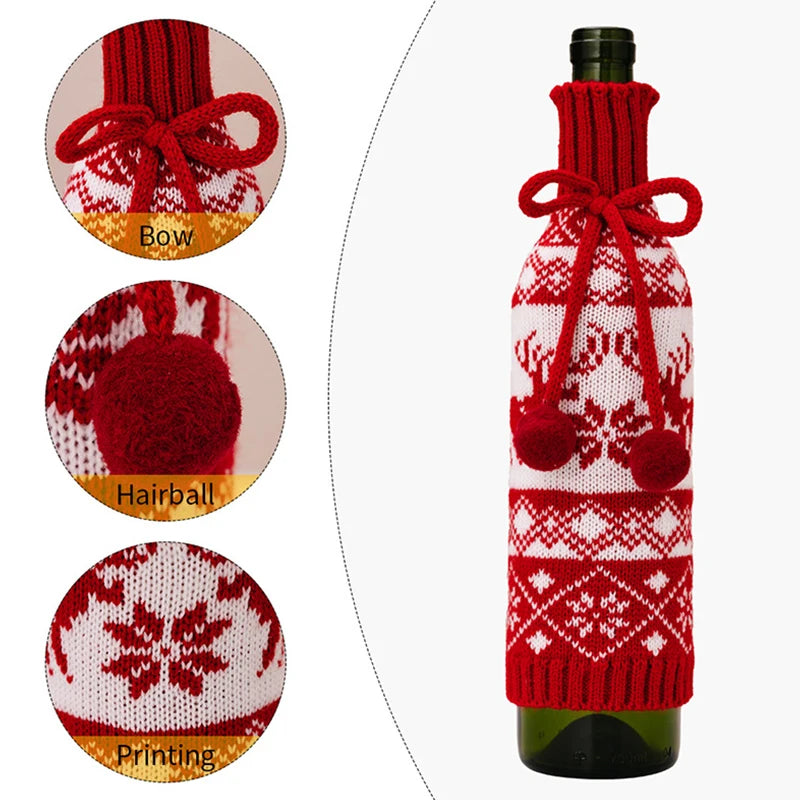 Christmas Knitted Wine Bottle Cover Pompom Bow Decor Santa Costume