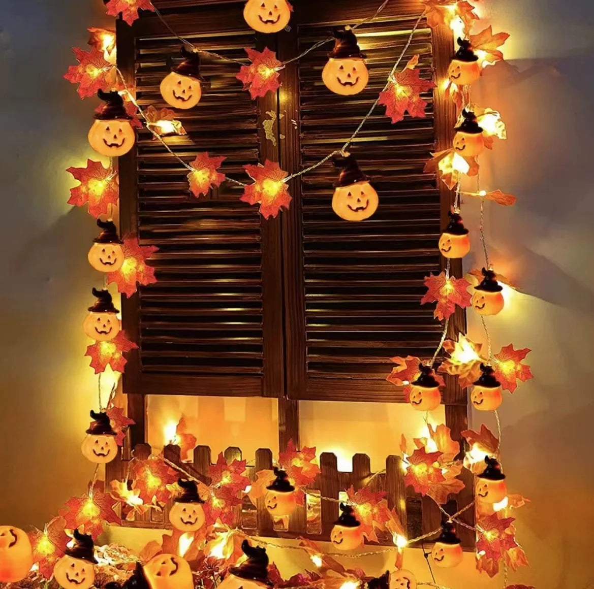 Artificial Fall Maple Leaves Pumpkin Garland Led Autumn Decorations Fairy Lights Halloween