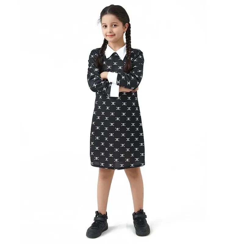 Girl Summer Dress Wednesday Adams Cosplay Costumes  Addams Family Costume Hand Clothing Black Dress Wig for Kids Girls Clothes