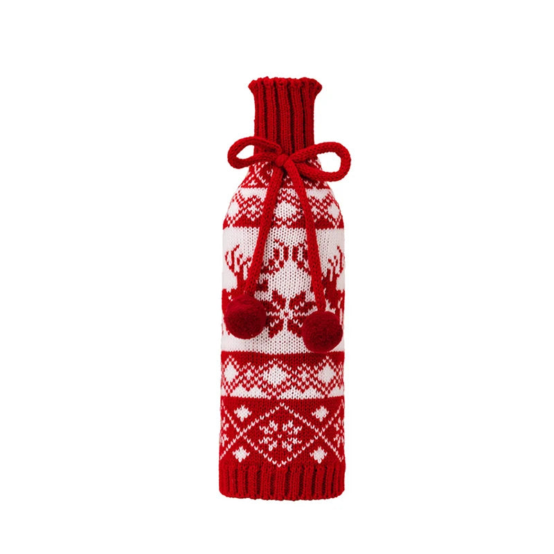 Christmas Knitted Wine Bottle Cover Pompom Bow Decor Santa Costume