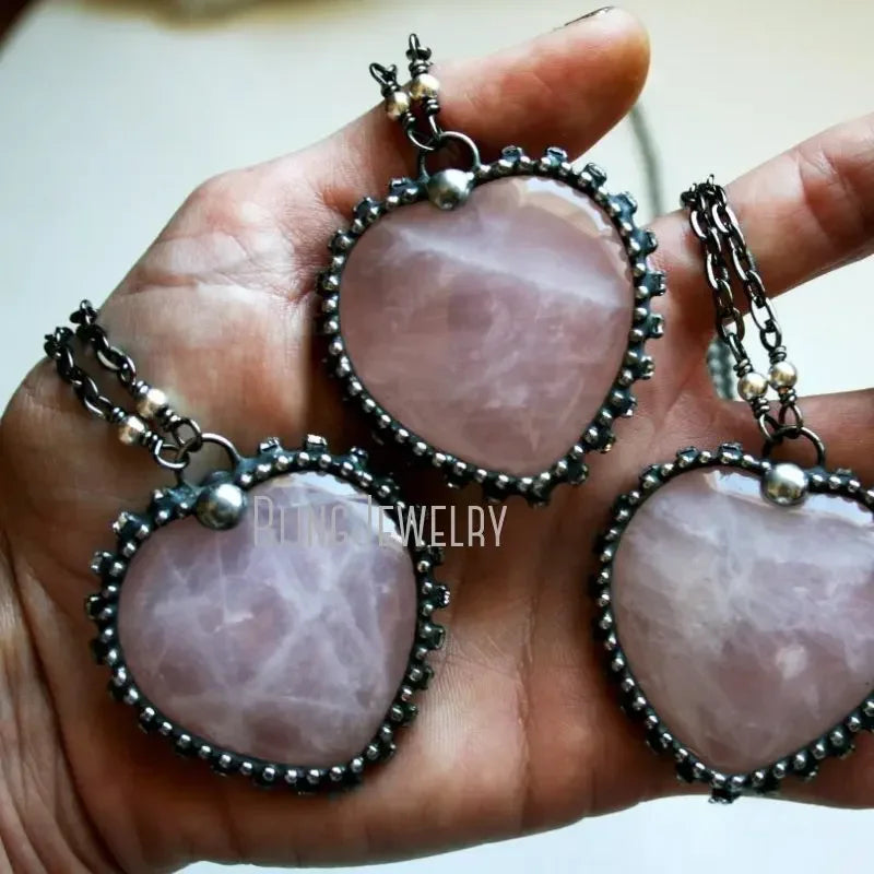 10pcs Small Rose Quartz Necklace Pink Crystal Puffed Heart Stone Women Witch Boho Goth Wicca Valentine Love Spell Jewelry Arcane