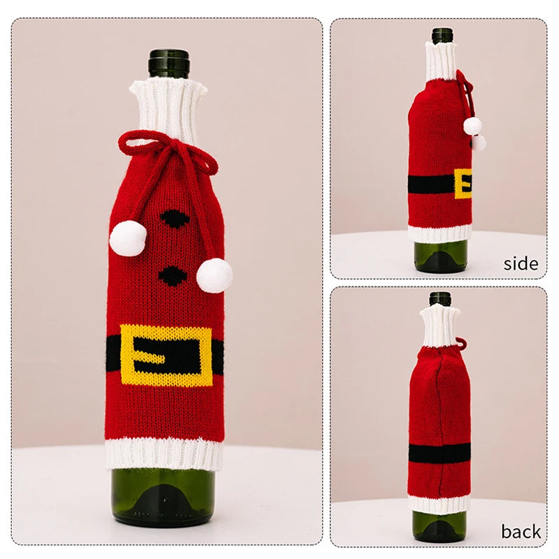 Christmas Knitted Wine Bottle Cover Pompom Bow Decor Santa Costume