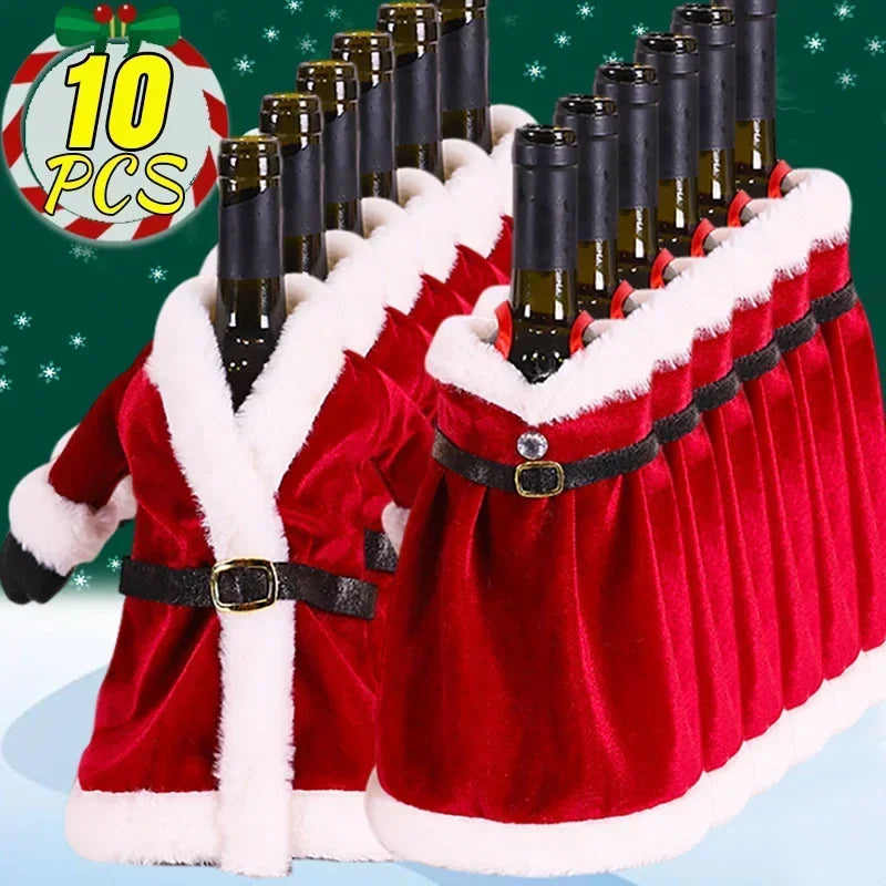 10 pcs Wine Bottle Cover Christmas Red Velvet Dress Clothes