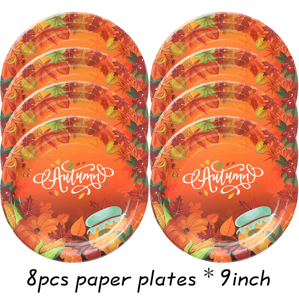 Autumn Maple Pattern Thanksgiving Home Party Decoration Paper Plates Napkins Hanging Maple Banners Turkey Pumpkin Honeycomb Ball