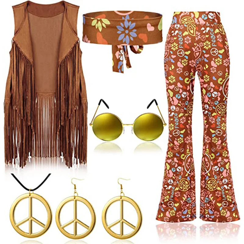 Hippie Costume Women Peace Love Girls Party 60s 70s Hippie Stage wear Costume Indian Tassels Hippie Performance Accessories