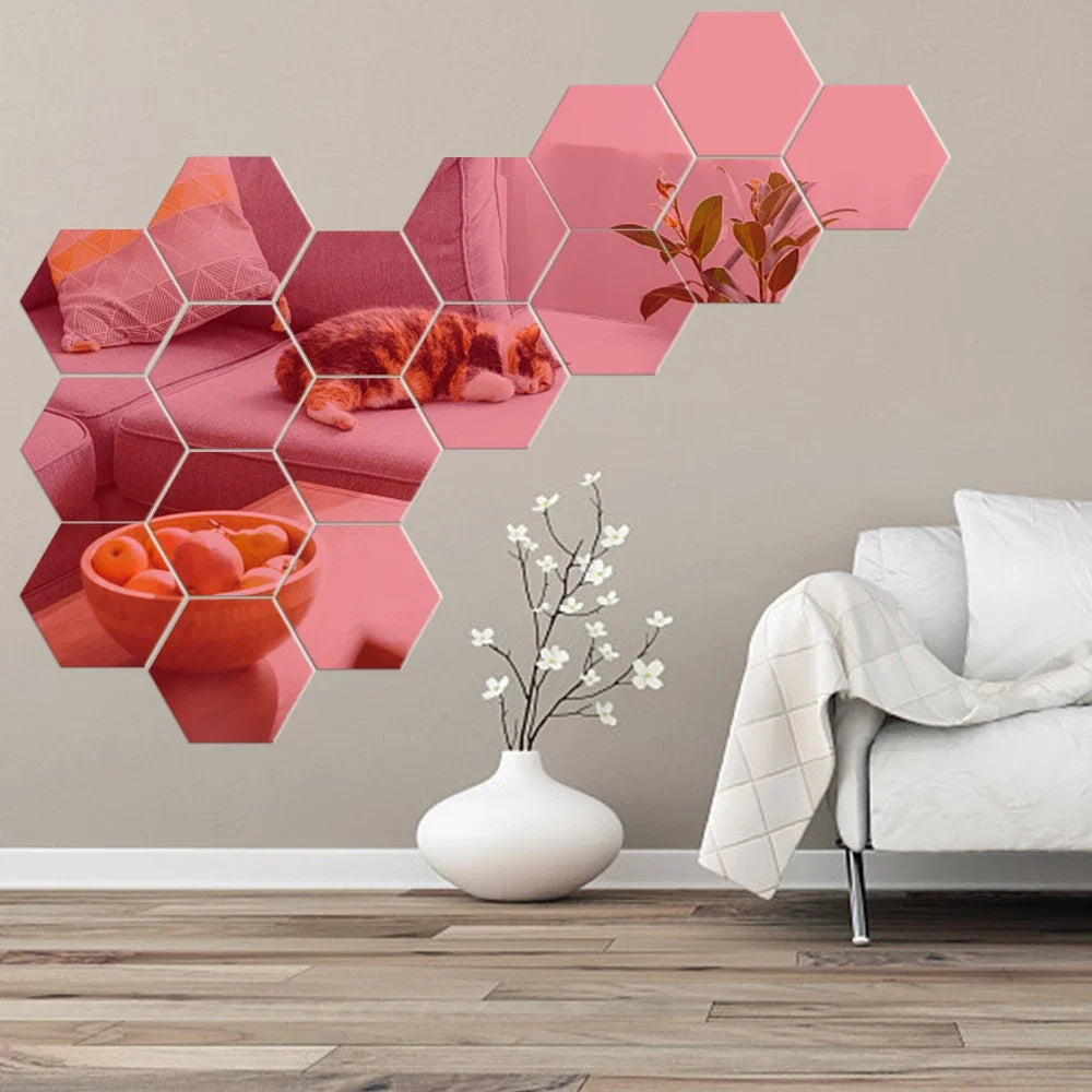 6/12pcs 3D Hexagon Mirror Wall Sticker Rose Gold DIY