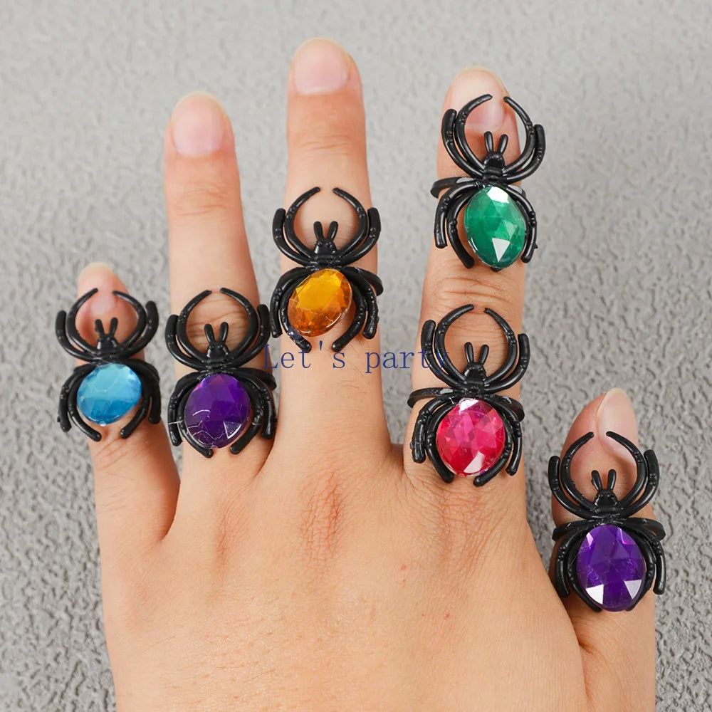 30Pcs Novelty Halloween Plastic Gemstone Spider Ring Toys for Kids Birthday Halloween Party