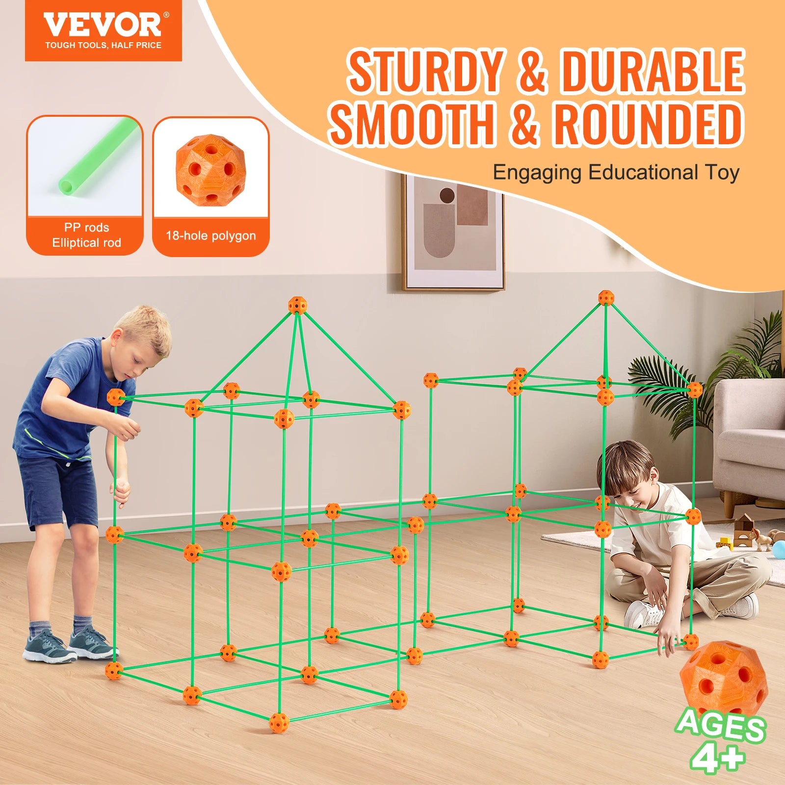 Fort Building Kit Children's DIY Indoor Castle Beading Stem with 96 Rods and 44 Balls