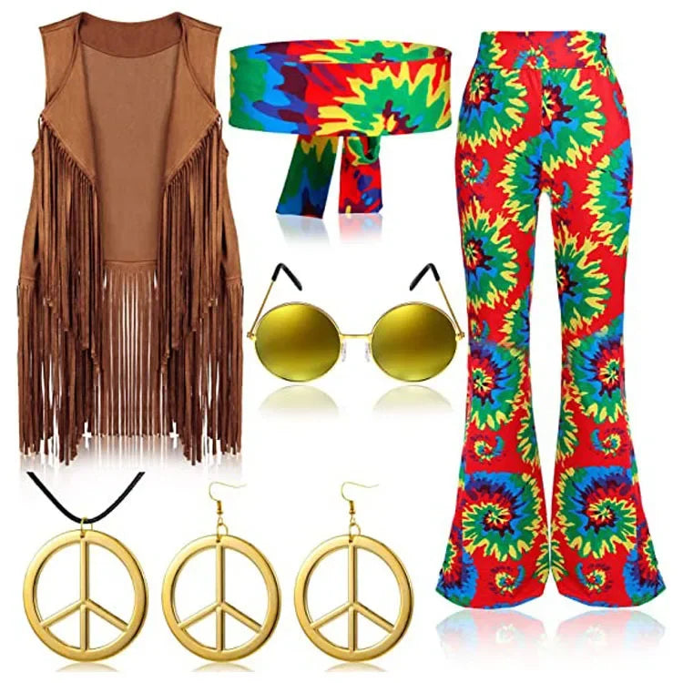 Hippie Disco 60s 70s Cosplay Costume Women Peace Love Girls Hip Indian Tassels Hippie Vest Cardigan Halloween Carnival Party