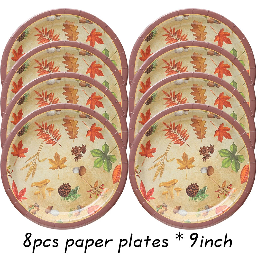 Autumn Maple Pattern Thanksgiving Home Party Decoration Paper Plates Napkins Hanging Maple Banners Turkey Pumpkin Honeycomb Ball