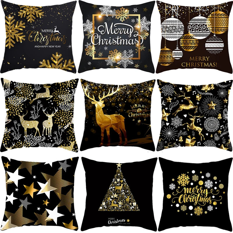 45cm Christmas Black Gold Cushion Cover Merry Christmas Decorations