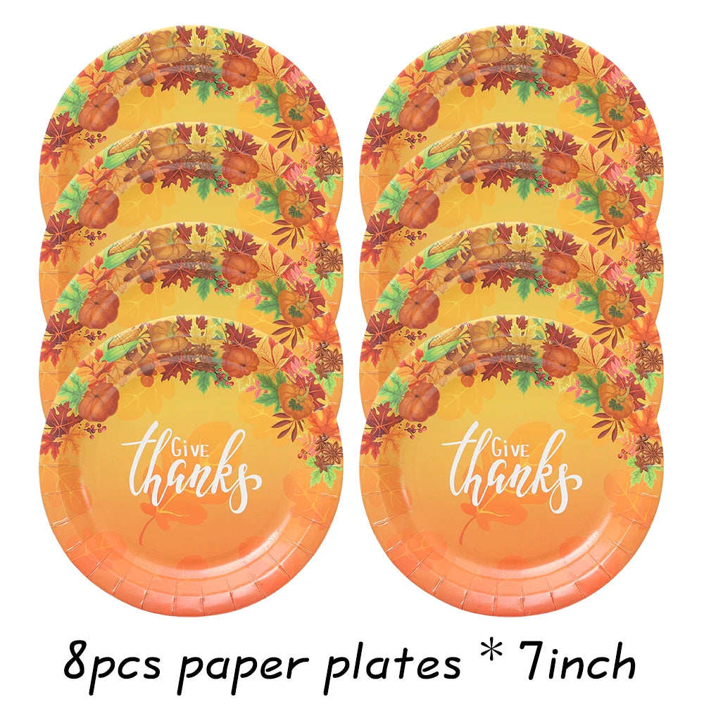 Autumn Maple Pattern Thanksgiving Home Party Decoration Paper Plates Napkins Hanging Maple Banners Turkey Pumpkin Honeycomb Ball