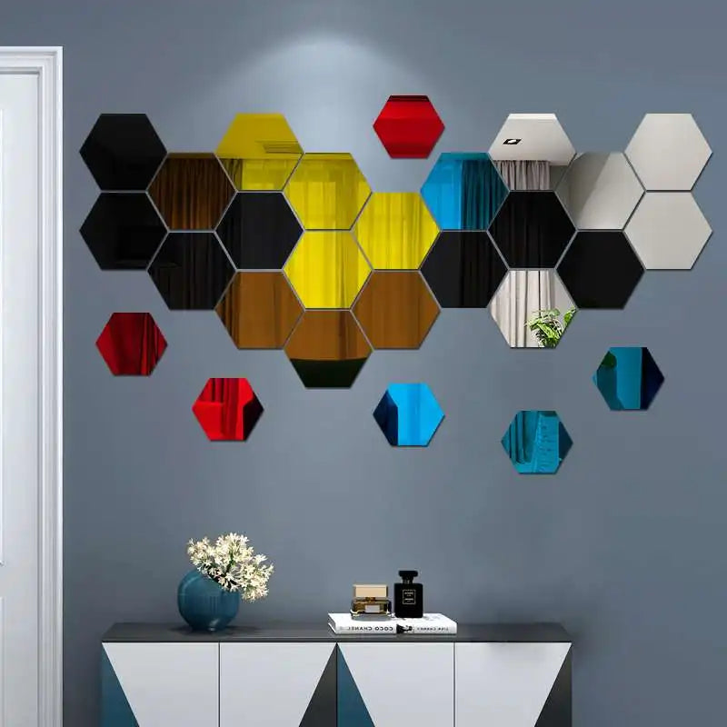 6/12pcs 3D Hexagon Mirror Wall Sticker Rose Gold DIY