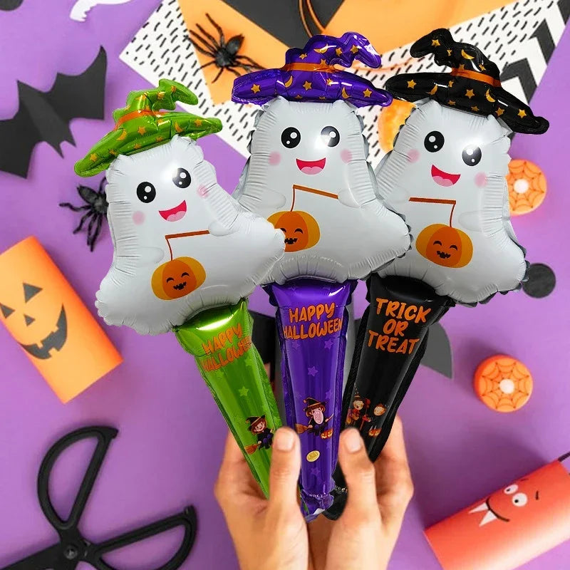 1/12pcs Halloween Balloon Stick Witch Pumpkin Cat Ghost Balloons Sticks