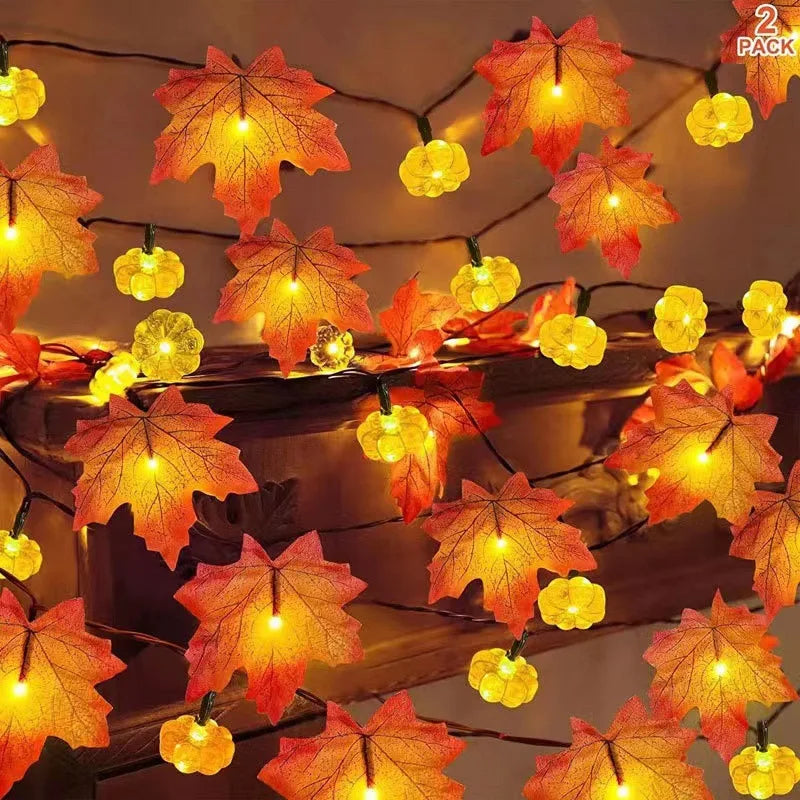 Artificial Fall Maple Leaves Pumpkin Garland Led Autumn Decorations Fairy Lights Halloween