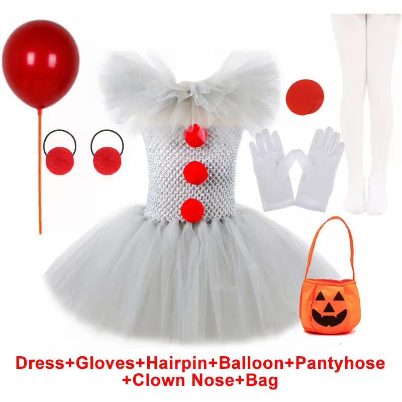 Halloween Gray Joker Girls Costume Tutu Dress Creepy Clown Kids Carnival Party Cosplay Clothing Children Tulle Fancy Dress