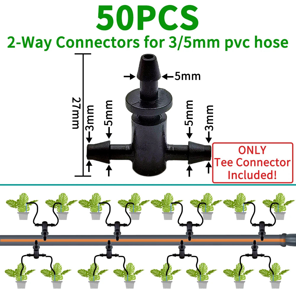 Oasis 50PCS Plastic Barbed 3-Way Tee Connector for 3/5mm Tubing Watering Pipe Hose Couplings Micro Drip Irrigation Garden Tools