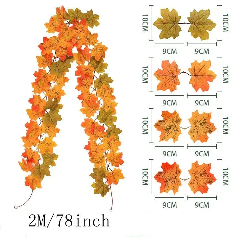 2M Artificial Fall Maple Leaf Garland Fake Plants Autumn Decor Leaves Vine