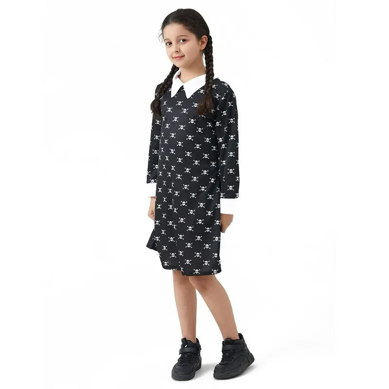 Girl Summer Dress Wednesday Adams Cosplay Costumes  Addams Family Costume Hand Clothing Black Dress Wig for Kids Girls Clothes