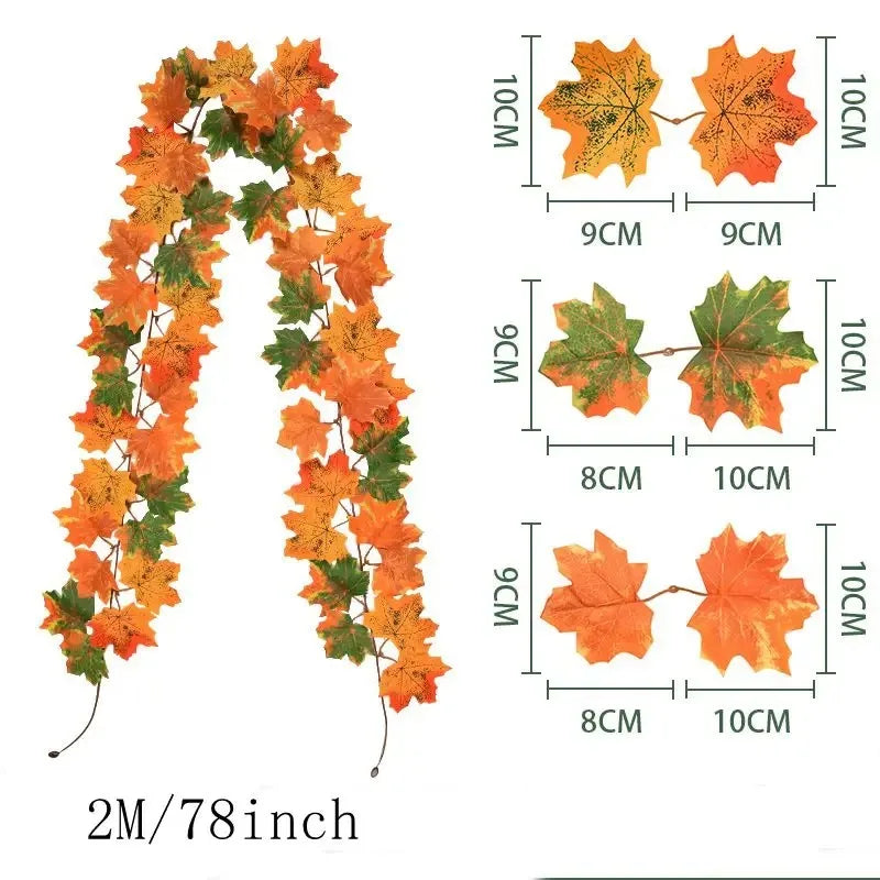 2M Artificial Fall Maple Leaf Garland Fake Plants Autumn Decor Leaves Vine