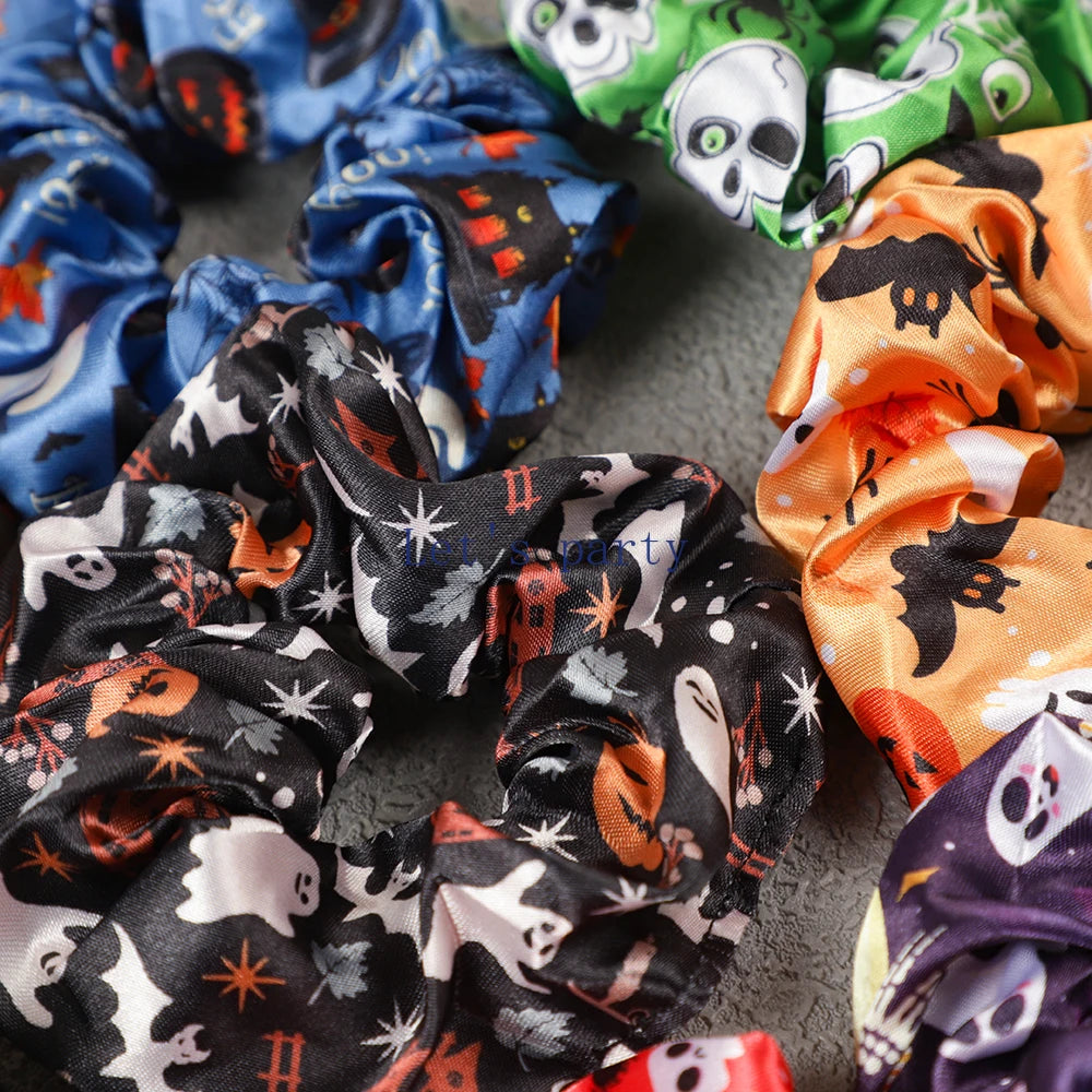 8Pcs Cartoon Ghost Pumpkin Hair Ties Skull Bat Satin Hair Band for Girl Halloween T