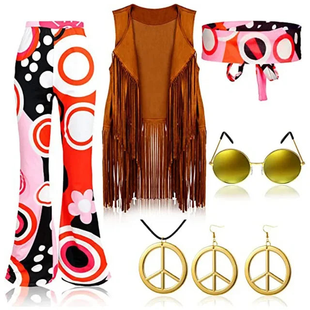 Hippie Costume Women Peace Love Girls Party 60s 70s Hippie Stage wear Costume Indian Tassels Hippie Performance Accessories