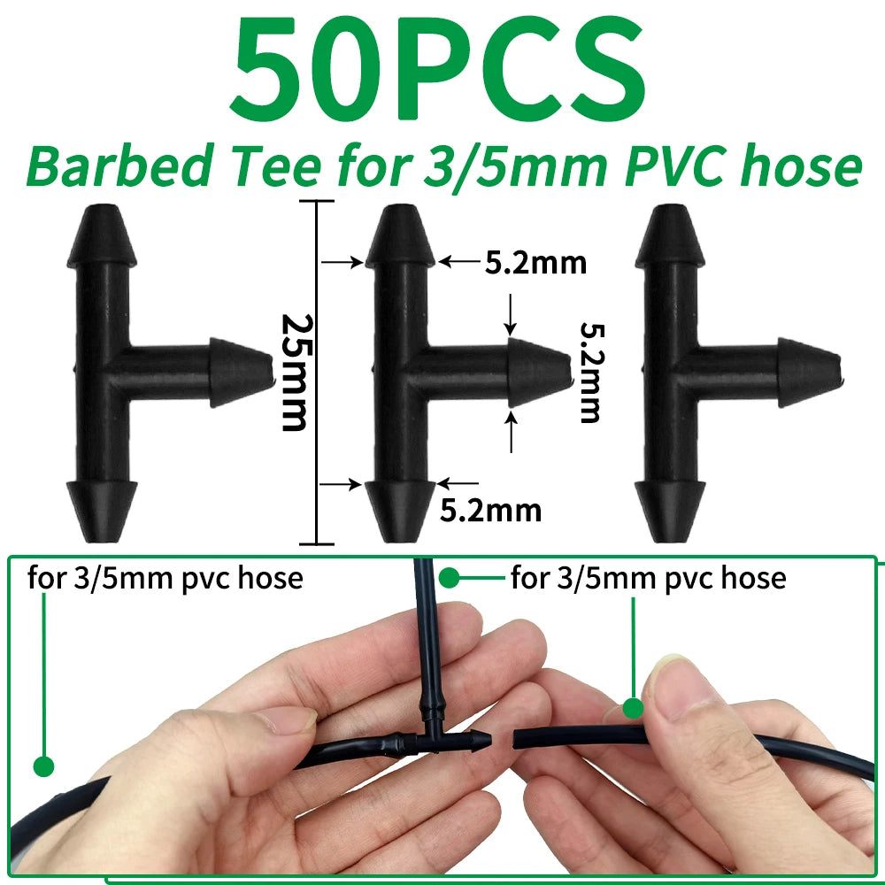 Oasis 50PCS Plastic Barbed 3-Way Tee Connector for 3/5mm Tubing Watering Pipe Hose Couplings Micro Drip Irrigation Garden Tools