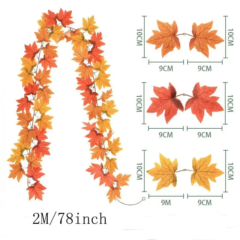 2M Artificial Fall Maple Leaf Garland Fake Plants Autumn Decor Leaves Vine