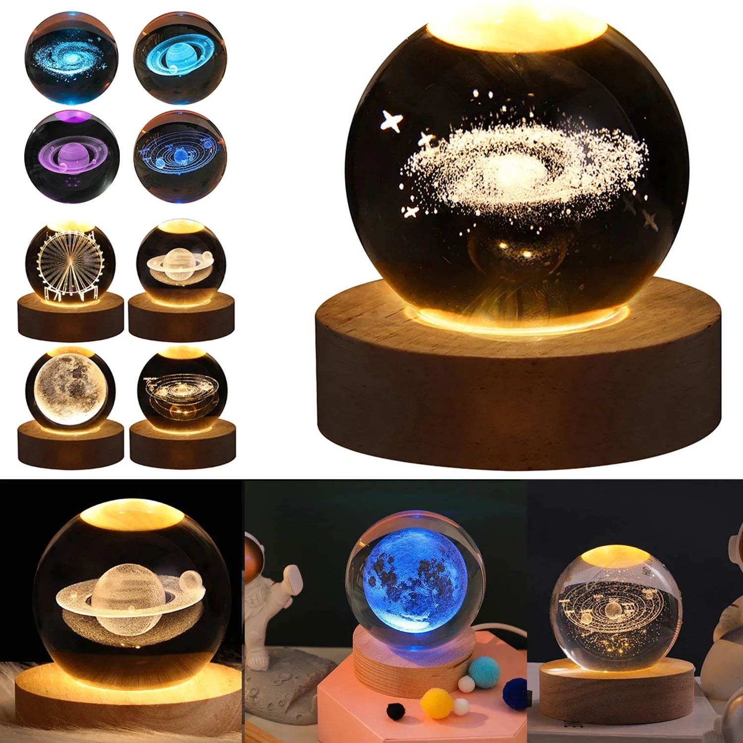 USB Night Light LED Crystal Ball Table Lamp 3D Moon Planet Galaxy Astronaut Decor