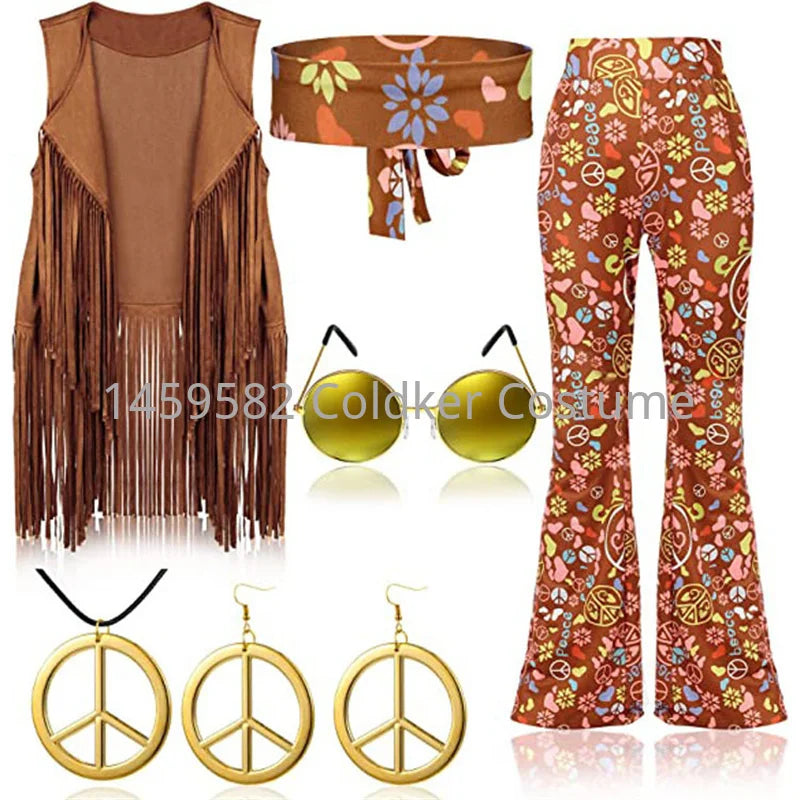 Hippie Costume Women Peace Love Girls Party 60s 70s Hippie Stage wear Costume Indian Tassels Hippie Performance Accessories