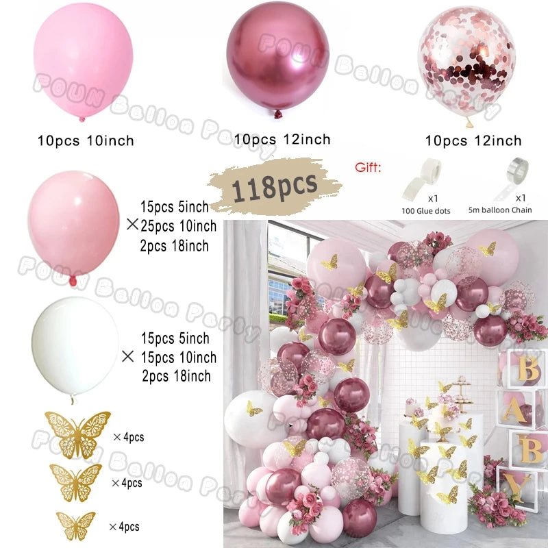 Pink Balloon Garland Arch Kit Birthday Party Decorations Kids Birthday Foil White Gold Balloon